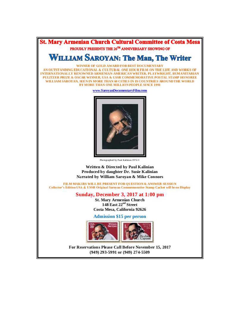 St. Mary Armenian Church of Costa Mesa's Cultural Committee Presents: William Saroyan - The Man, The Writer