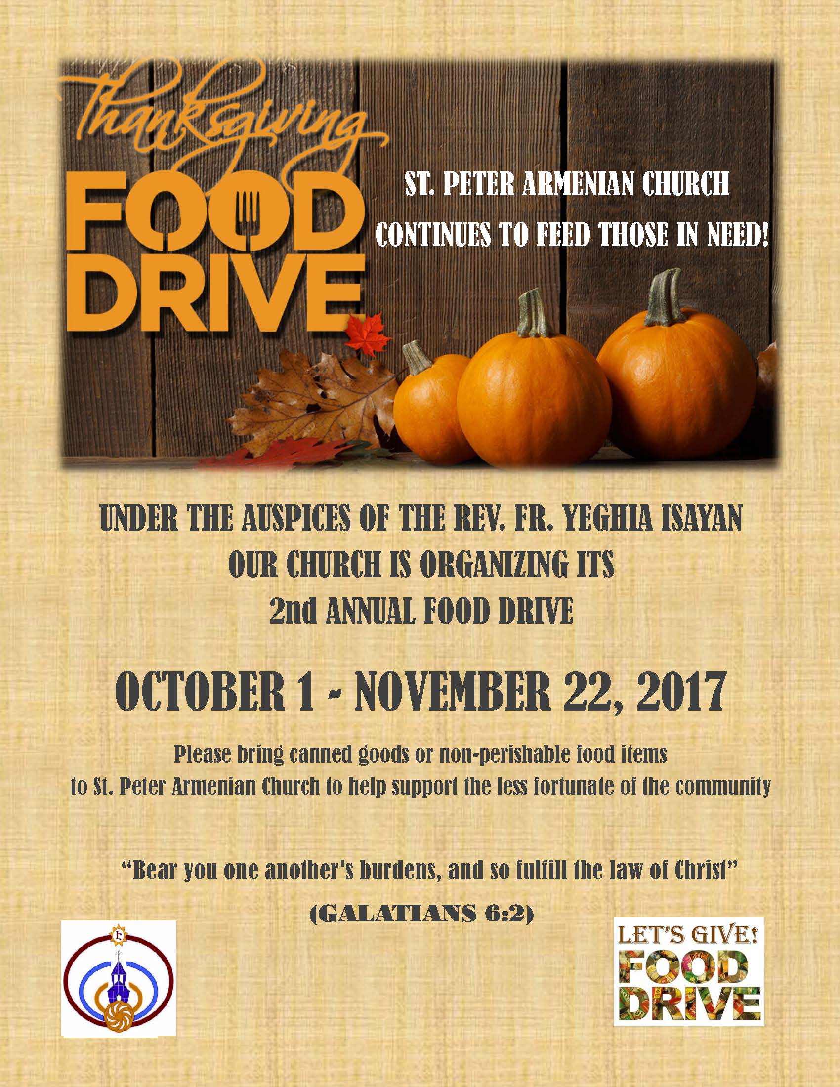 ST. PETER ARMENIAN CHURCH OF GLENDALE'S 2ND ANNUAL FOOD DRIVE: OCTOBER 1 - NOVEMBER 22