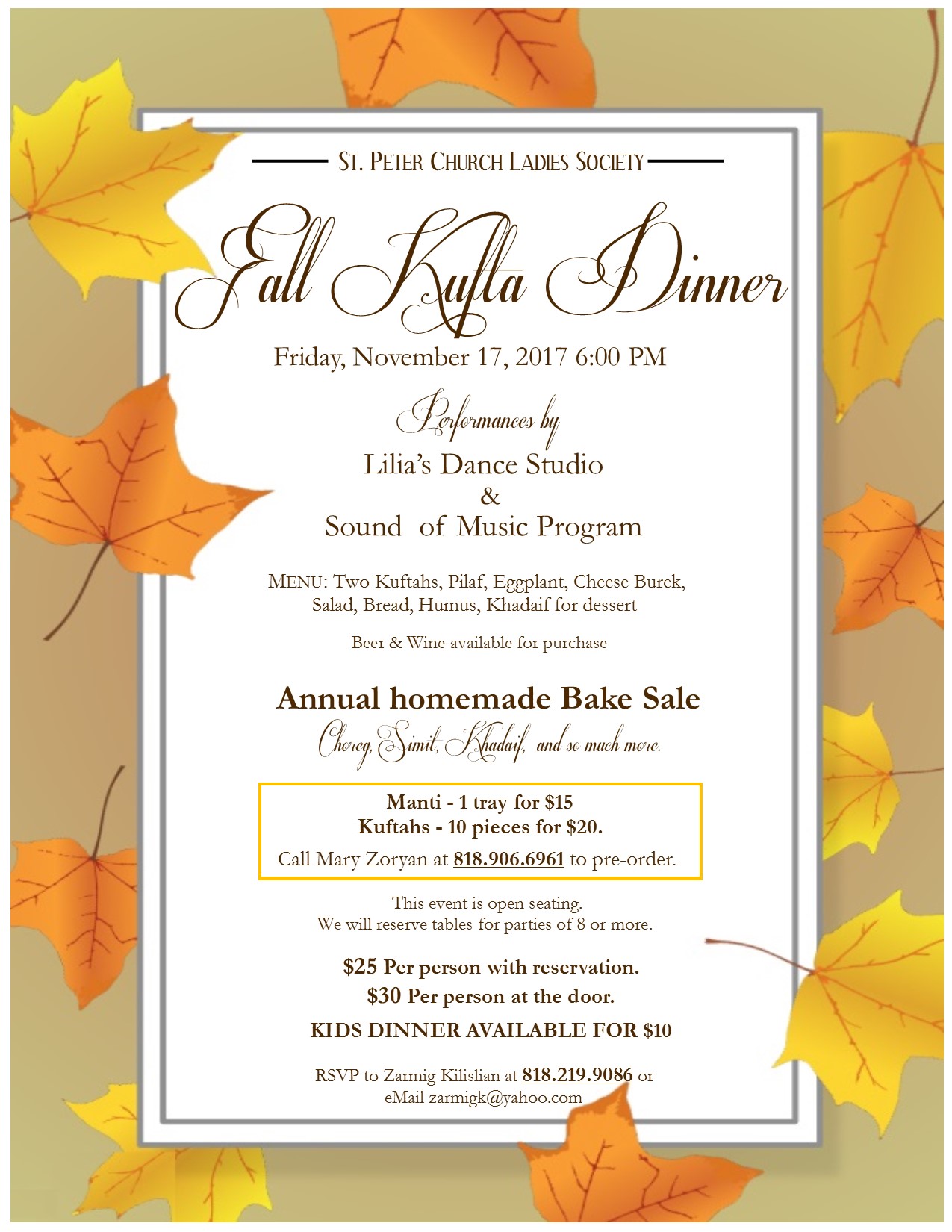 St. Peter Armenian Church of Van Nuys Ladies Society's Fall Kufta Dinner