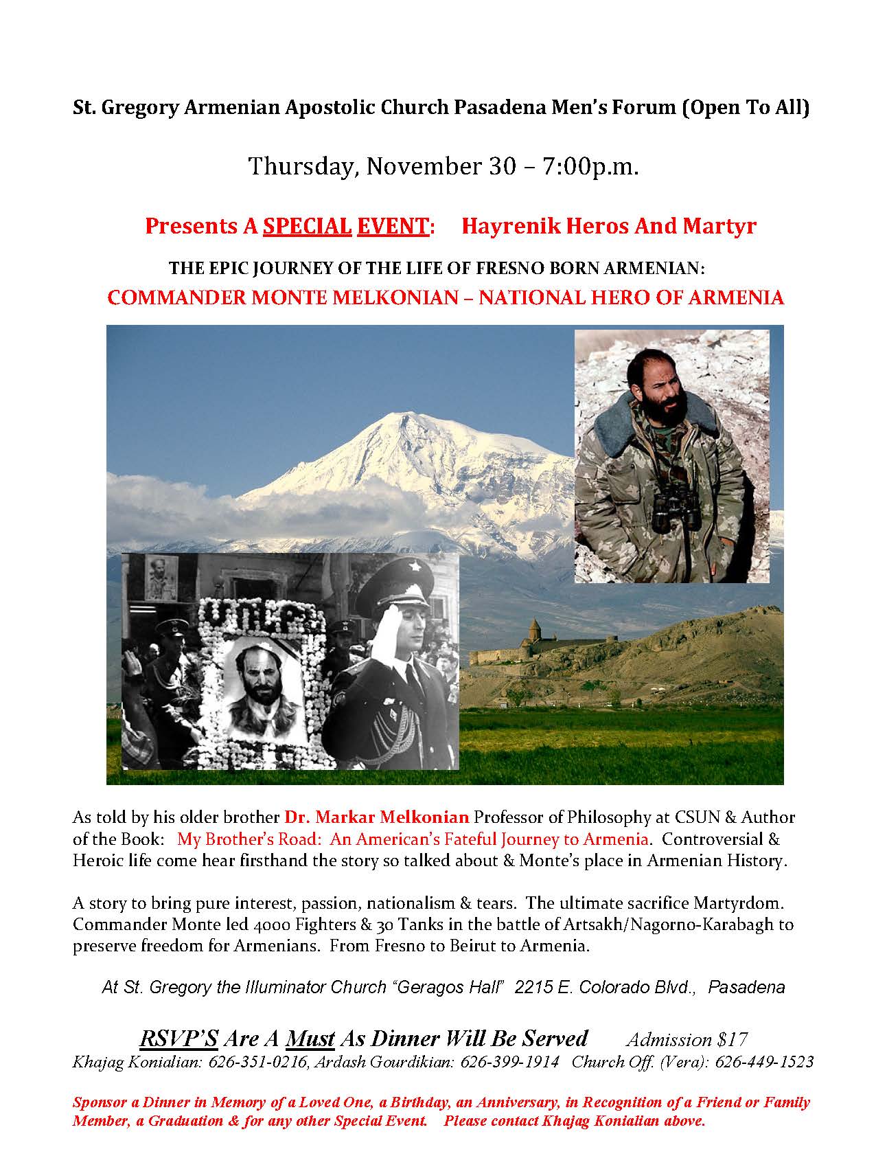 Men's Monthly Forum - St. Gregory Armenian Church of Pasadena - The Life and Legacy of Commander Monte Melkonian
