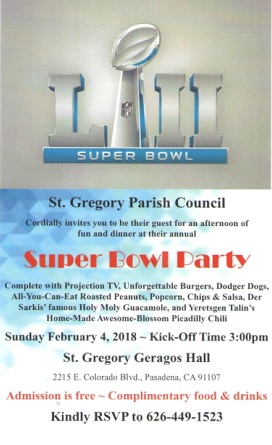 St. Gregory the Illuminator Armenian Church of Pasadena Invites You to the Super Bowl Party
