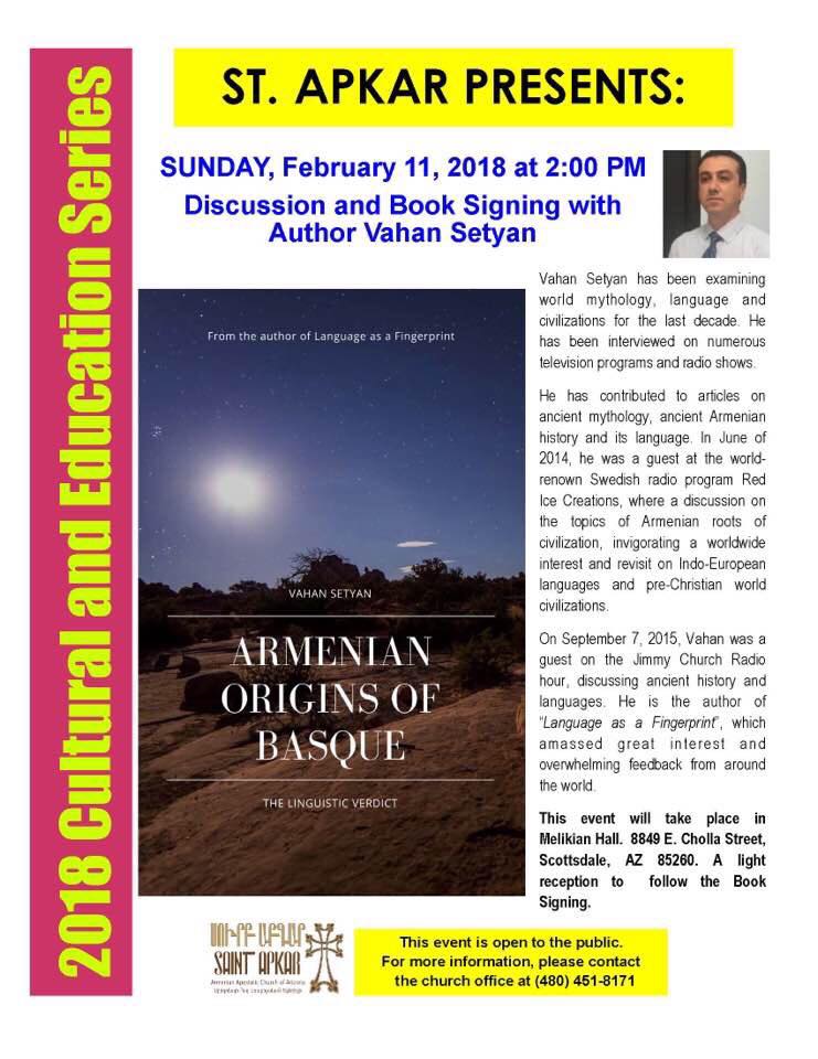 Armenian Origins of Basque - Discussions and Book Signing - St. Apkar Armenian Church