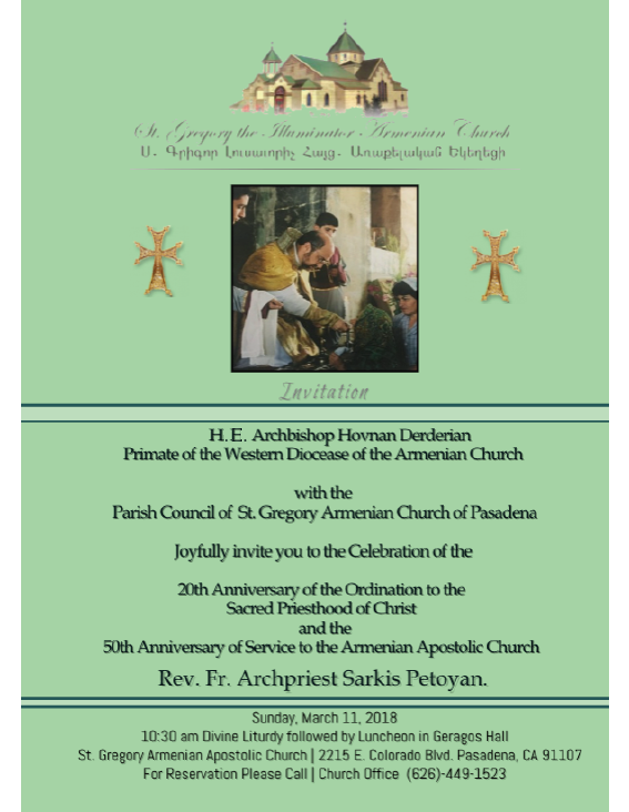 POSTPONED - St. Gregory the Illuminator Armenian Church of Pasadena Celebrates Fr. Sarkis Petoyan's 20th Anniversary of Ordination