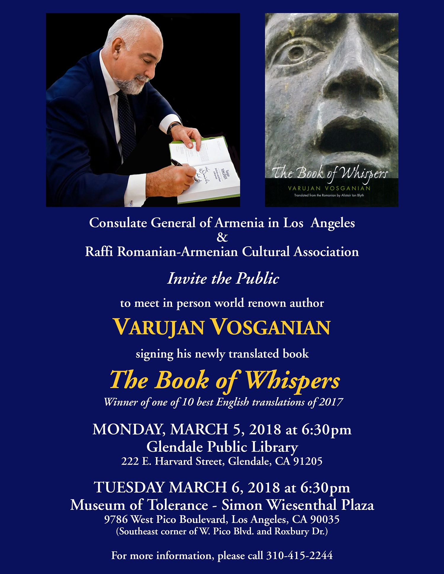 BOOK SIGNING EVENT BY WORLD RENOWNED AUTHOR VAROUJAN VOSGANIAN  MAR. 5 - GLENDALE PUBLIC LIBRARY MAR. 6 - MUSEUM OF TOLERANCE