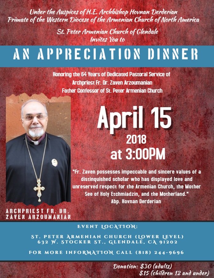 St. Peter Armenian Church of Glendale to Honor Archpriest Fr. Dr. Zaven Arzoumanian