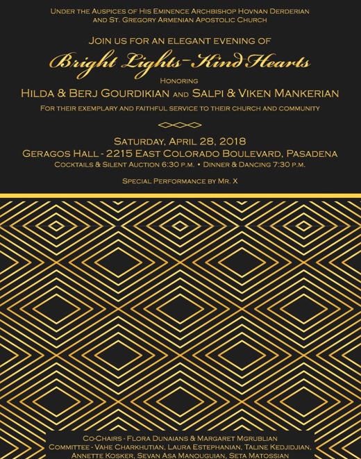 St. Gregory the Illuminator Armenian Church of Pasadena Presents: Bright Lights-Kind Hearts - An Elegant Evening Honoring Hilda & Berj Gourdikian and Salpi & Viken Mankerian