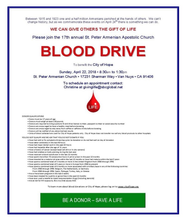 St. Peter Armenian Church of Van Nuys' 17th Annual Blood Drive