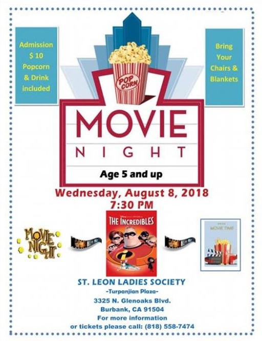 St. Leon Ladies Society Presents Movie Night at St. Leon Armenian Cathedral