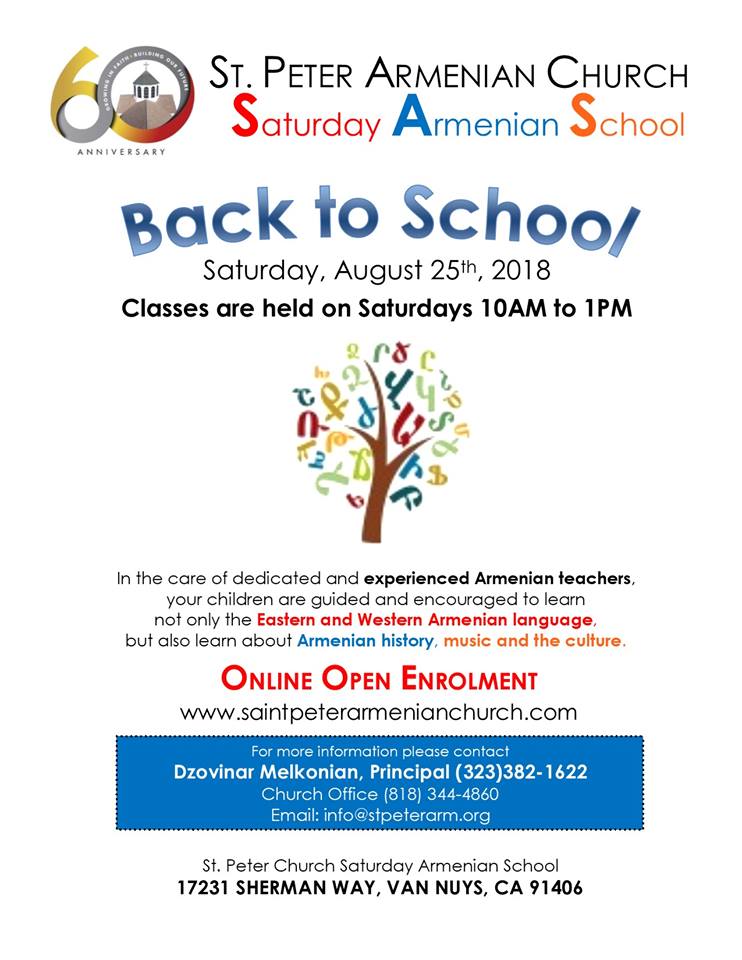 Back to School Enrollment - Saturday School of St. Peter Armenian Church of Van Nuys
