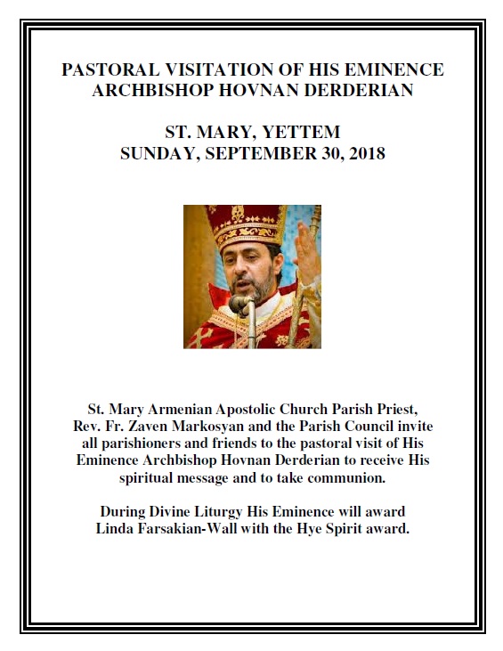 Primate to Pay Pastoral Visit to St. Mary Armenian Church of Yettem