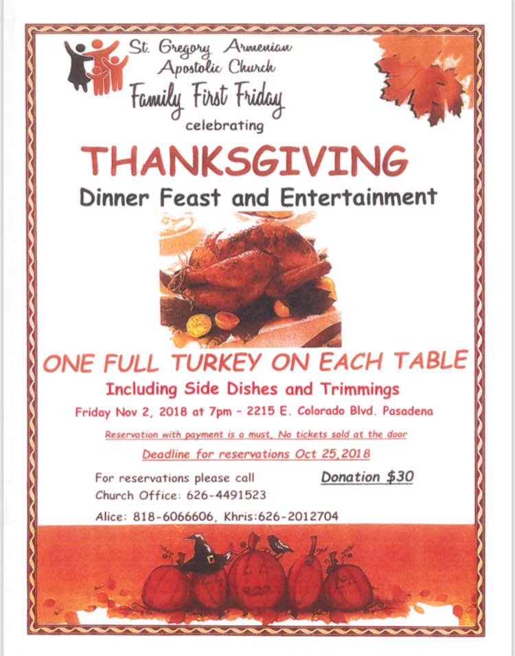 St. Gregory the Illuminator Armenian Church of Pasadena Presents: Thanksgiving Dinner Feast and Entertainment