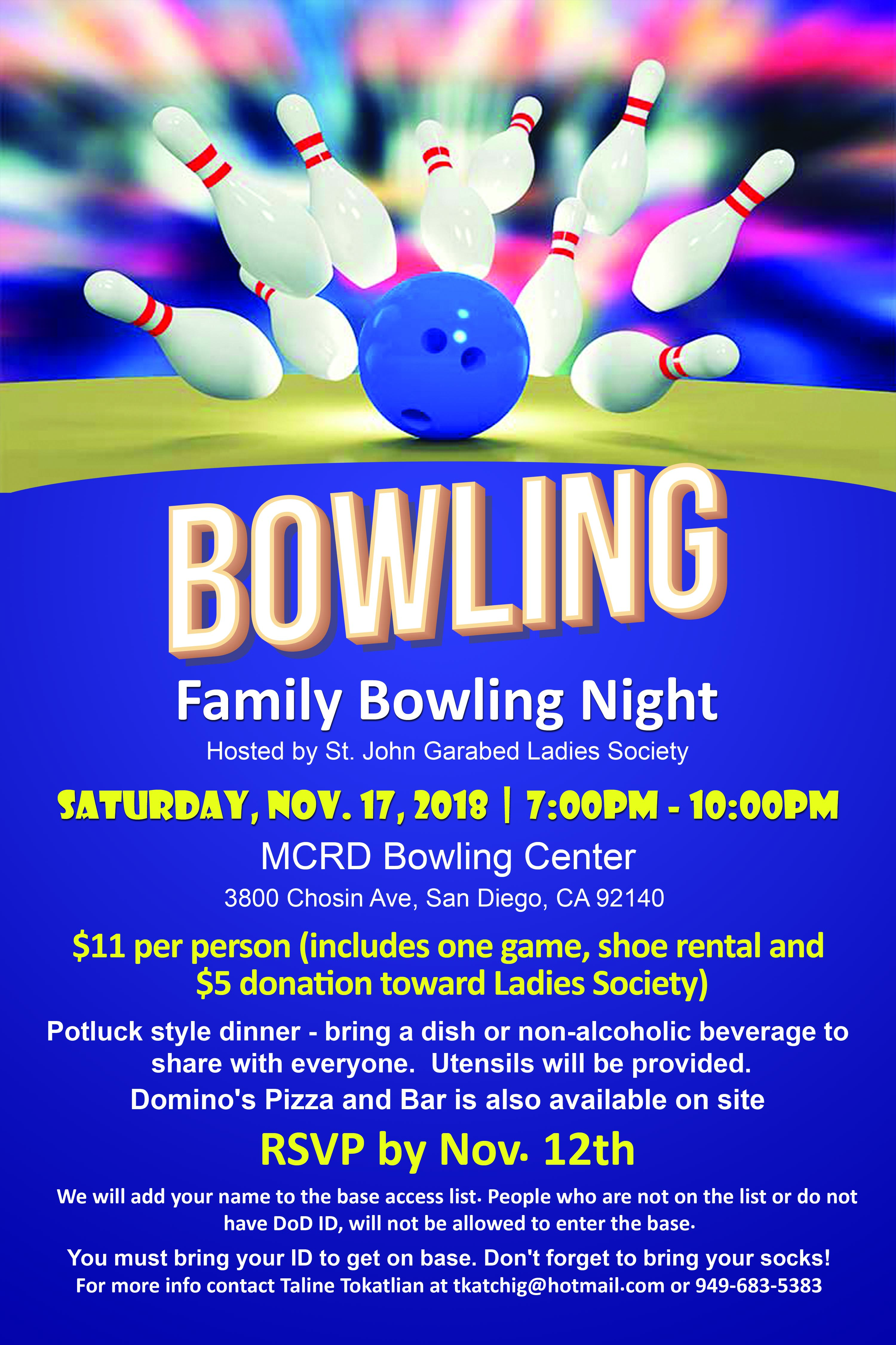 Ladies Society of St. John Garabed Armenian Church of San Diego Invites You to Bowling Night