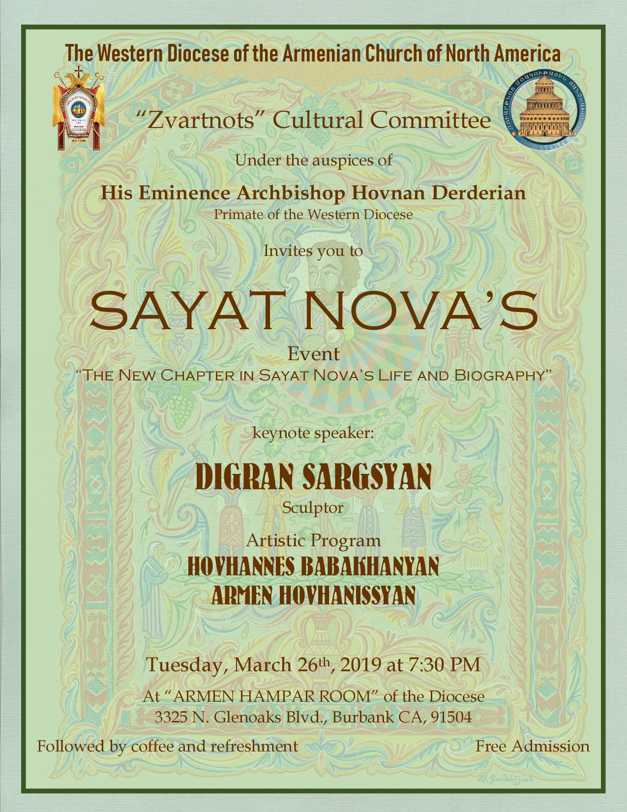 SAYAT NOVA’S Tribute Event “The New Chapter in Sayat Nova’s Life and Biography” - ՍԱՅԱԹ ՆՈՎԱՅԻ Երեկոյ «Սայաթ Նովայի կեանքի եւ կենսագրութեան նոր էջերը»