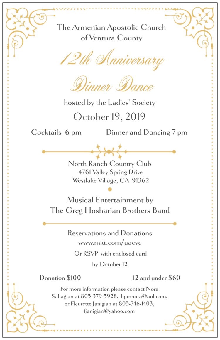 Ladies Society of Armenian Church of Ventura County Presents 12th Anniversary Dinner Dance