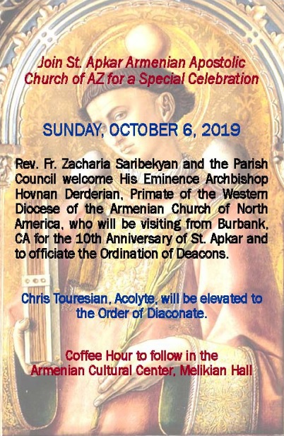 Primate to Visit St. Apkar Armenian Church of Arizona - Ordination of Deacons to be Held