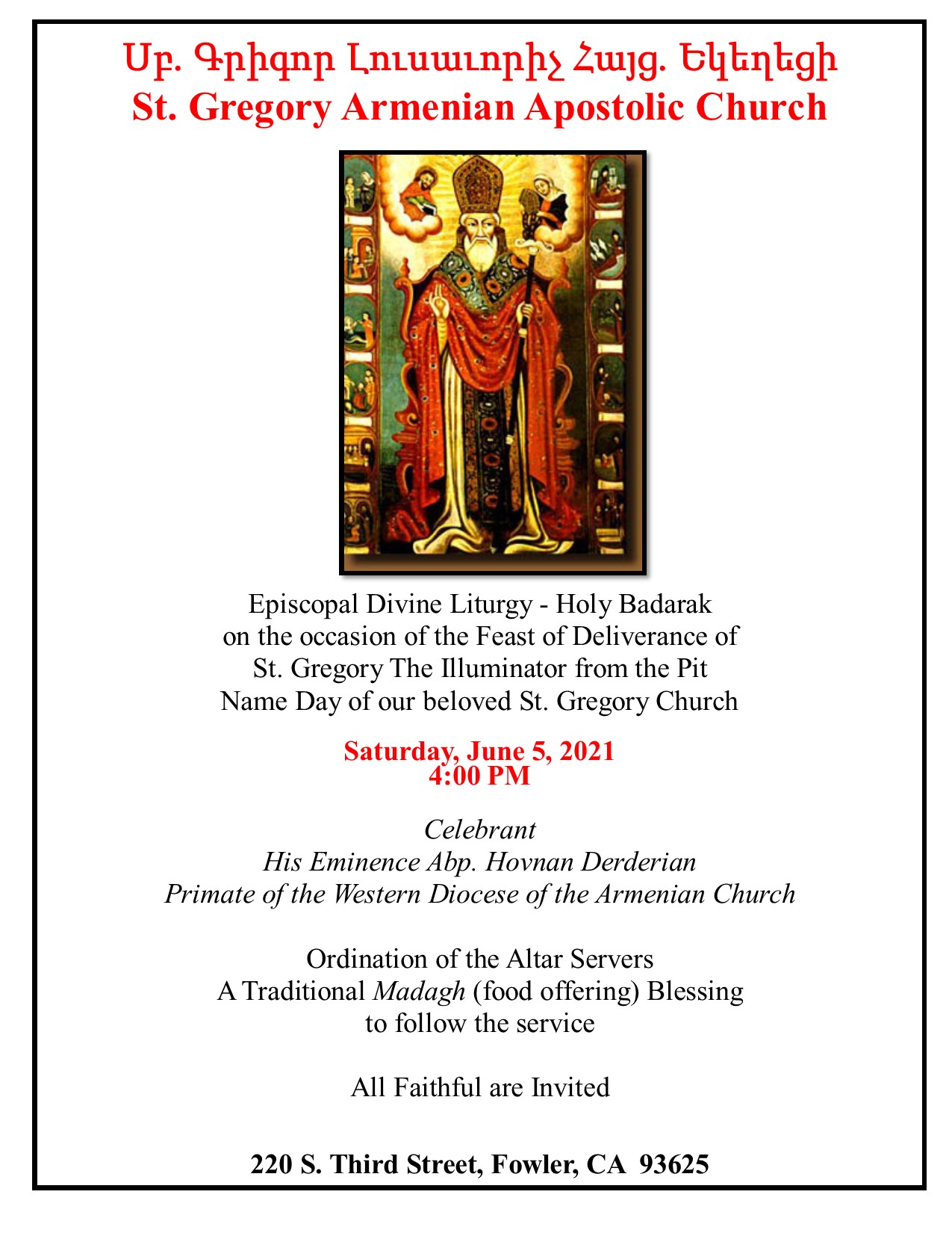 Feast of St. Gregory the Illuminator's Deliverance from the Pit - St. Gregory the Illuminator Armenian Church of Fowler