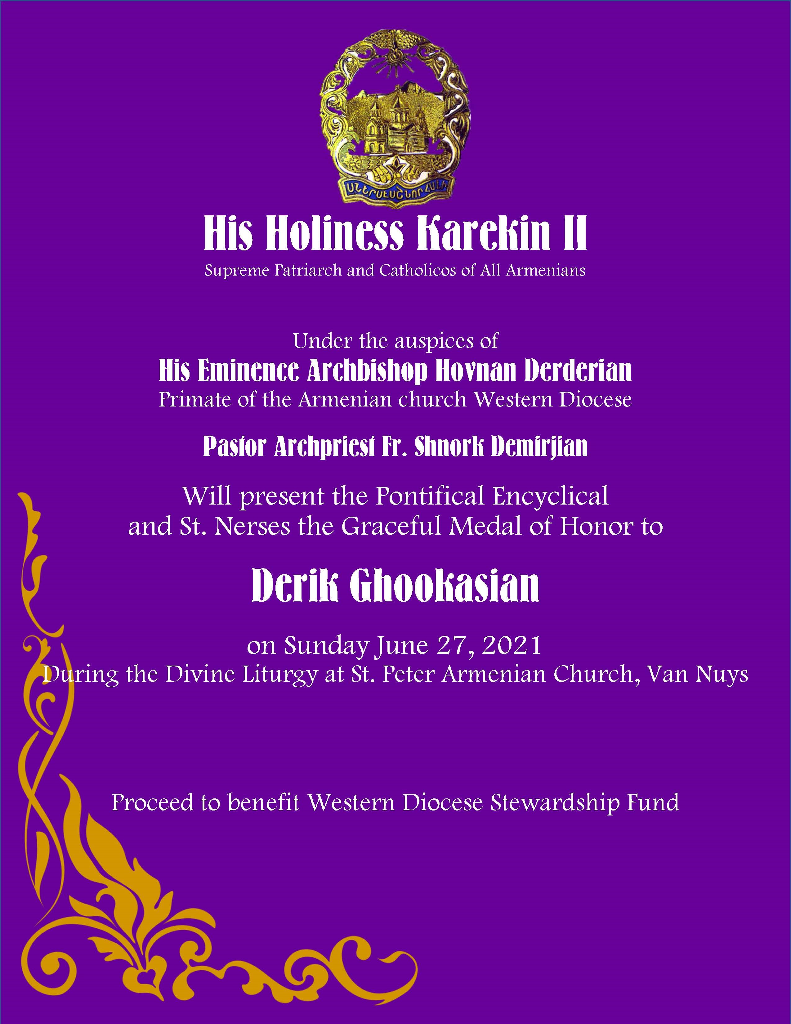 St. Nerses the Graceful Medal to be bestowed upon Derik Ghookasian