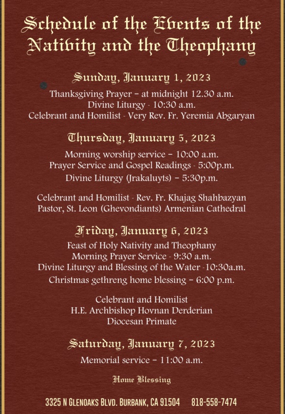 Schedule of Nativity and Theophany Services at St. Leon (Ghevontiants) Armenian Cathedral