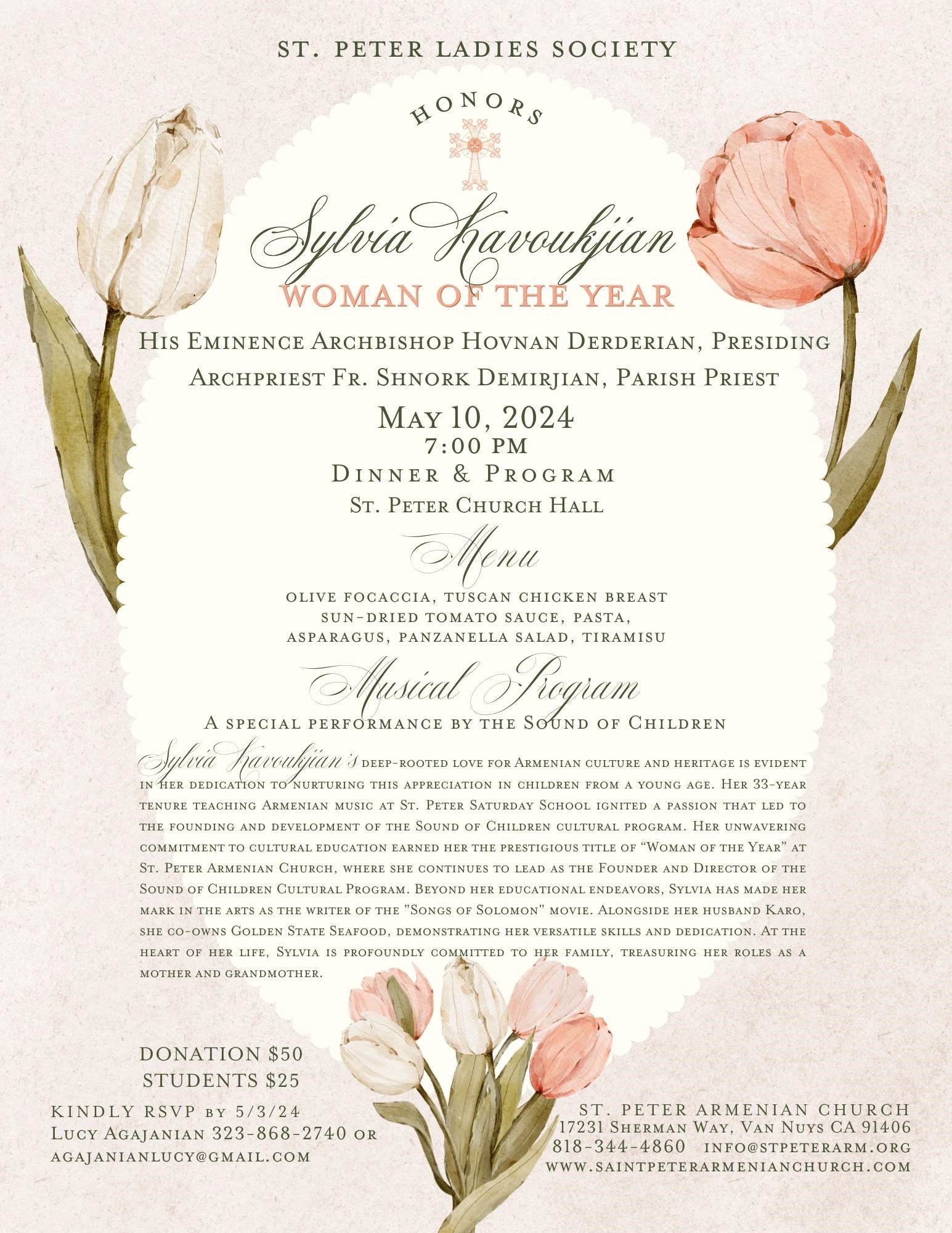Sylvia Kavoukjian to be honored as Woman of the Year by Ladies Society of St. Peter Armenian Church of Nuys 