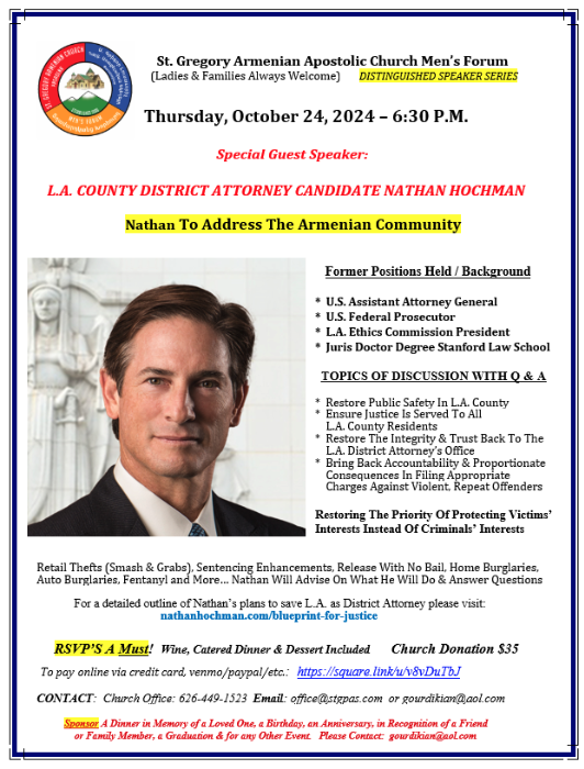 St. Gregory Pasadena Men's Forum - Special Guest Speaker LA County District Attorney Candidate Nathan Hochman
