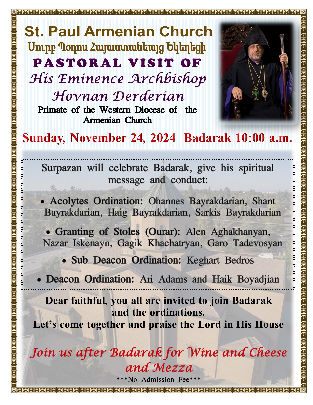 Pastoral Visit to St. Paul Armenian Church of Fresno - November 24, 2024