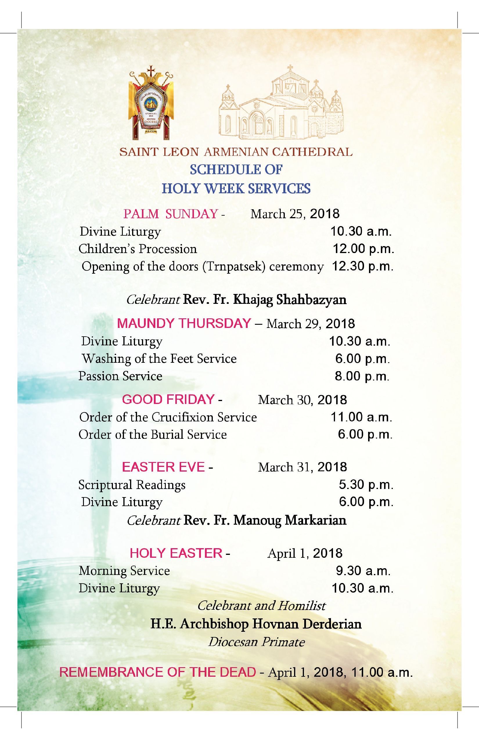 Holy Week Schedule at St. Leon (Srbots Ghevontiants) Armenian Cathedral 